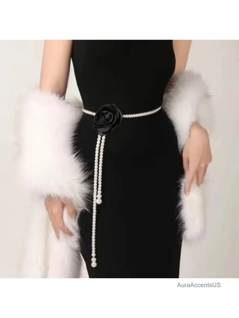 Pearl Chain Belt with Camellia Flower Waist Chain for Dresses